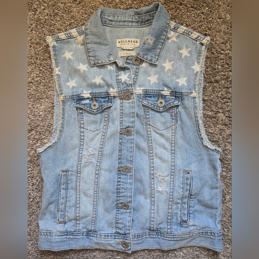 Bullhead Denim Vest with Stars And Stripes Pattern Size Large Slim Fit